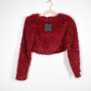 NEW JLUXLABELl Red Silver Sparkle Shaggy Cropped Long Sleeve Sweater Small